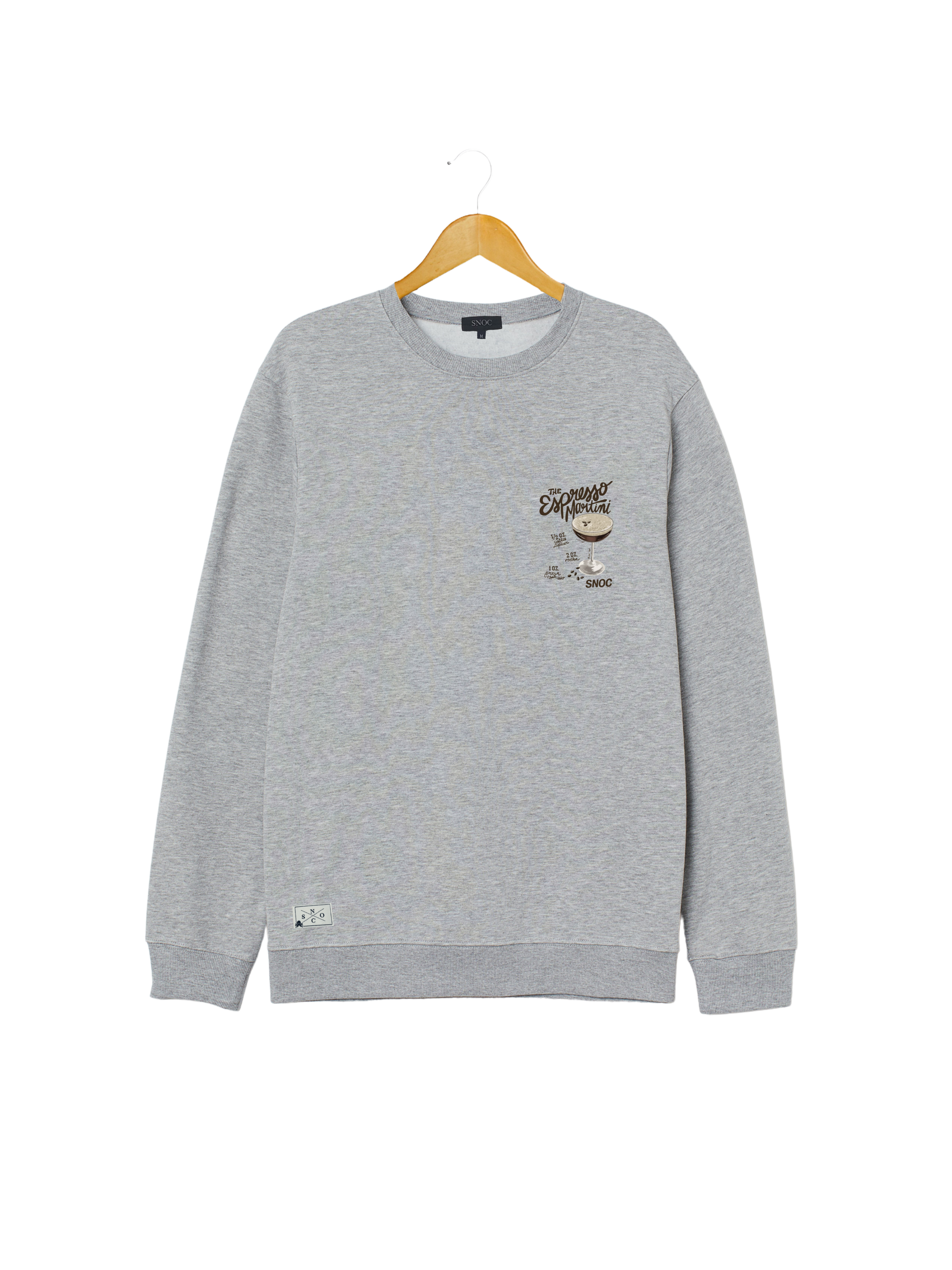 Sudadera Espresso Martini SNOC gris claro, vista frontal con la copa estampada en el pecho, fondo transparente