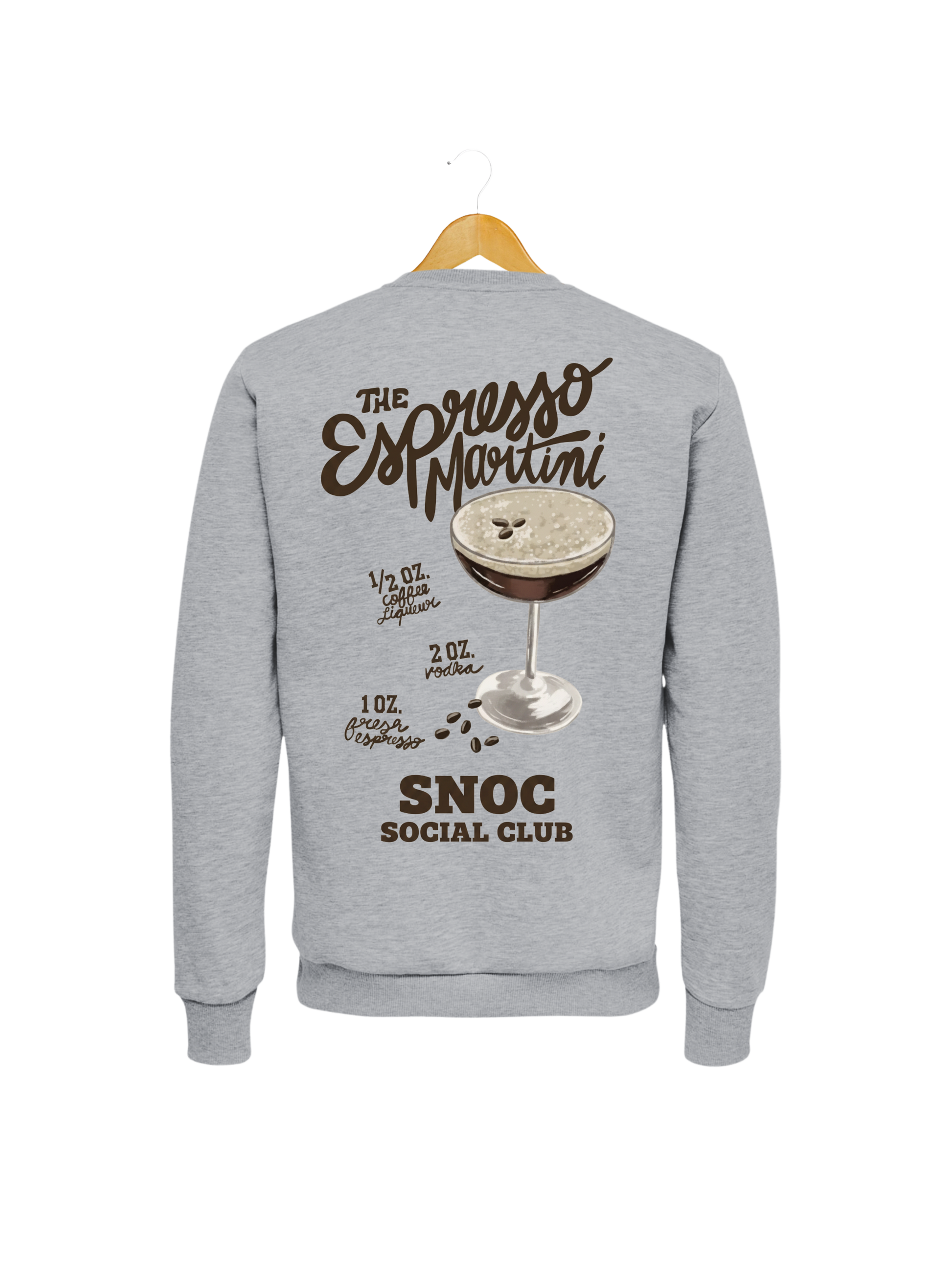 Sudadera Espresso Martini SNOC gris claro, vista trasera con la receta del cóctel, fondo transparente