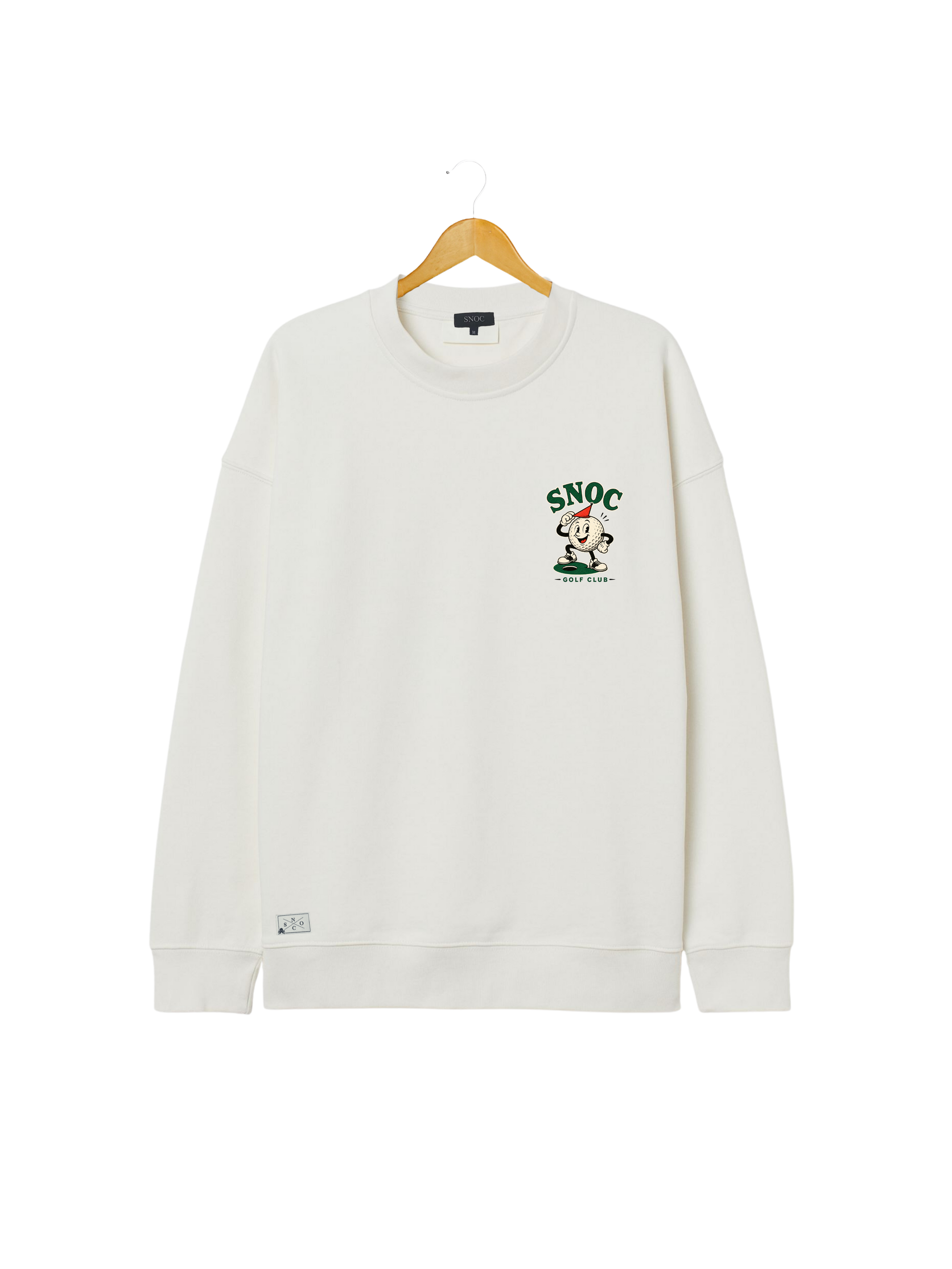 Sudadera Golf Club SNOC blanca, vista frontal con el sello de la bola de golf en el pecho, fondo transparente