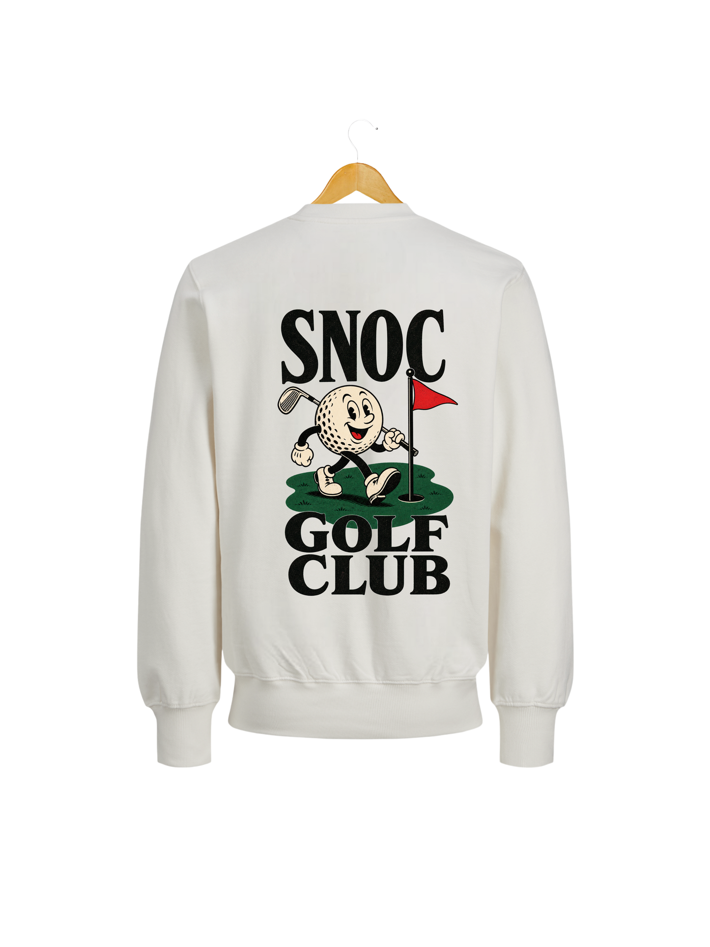Sudadera Golf Club SNOC blanca, vista trasera con la mascota de la bola de golf, fondo transparente