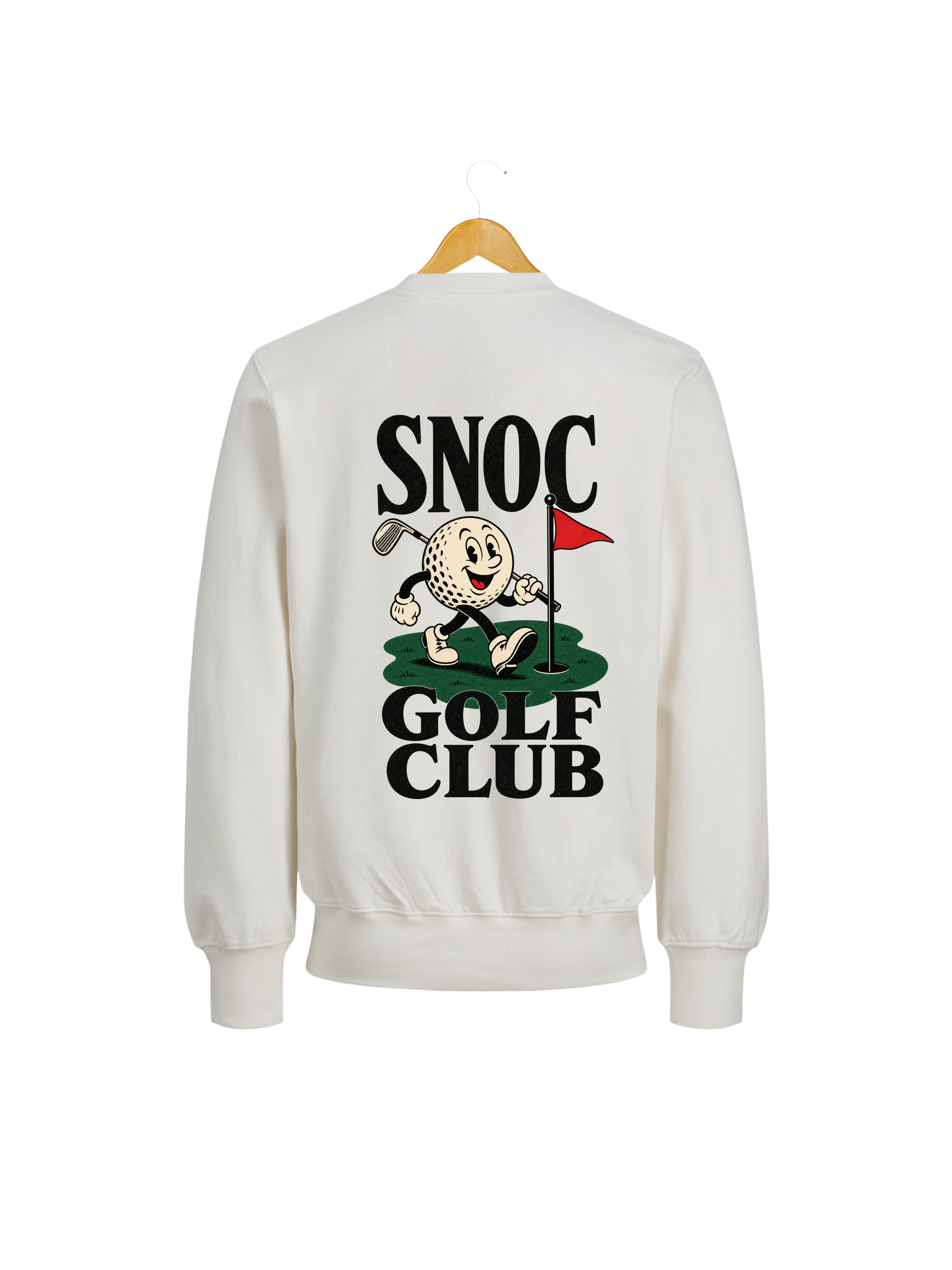 Sudadera Golf Club SNOC blanca, vista trasera con la mascota de la bola de golf, fondo transparente