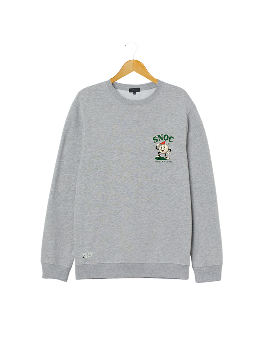 Sudadera Golf Club SNOC gris claro, vista frontal con el sello de la bola de golf en el pecho, fondo transparente