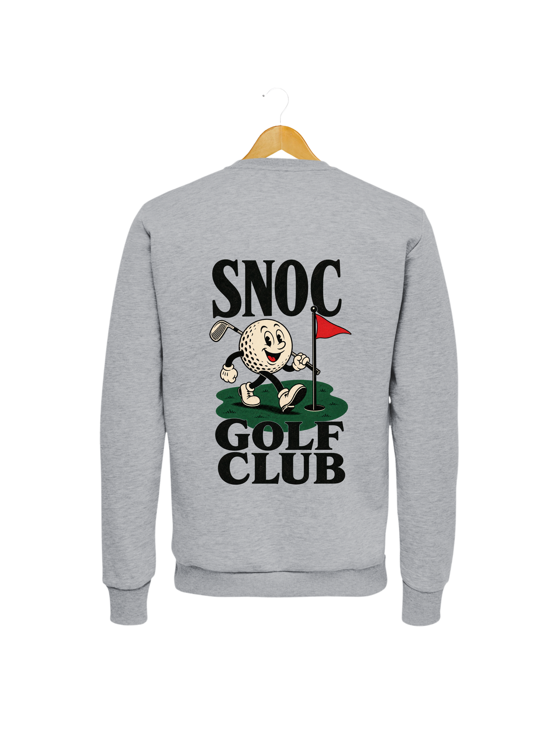 Sudadera Golf Club SNOC gris claro, vista trasera con la mascota de la bola de golf, fondo transparente