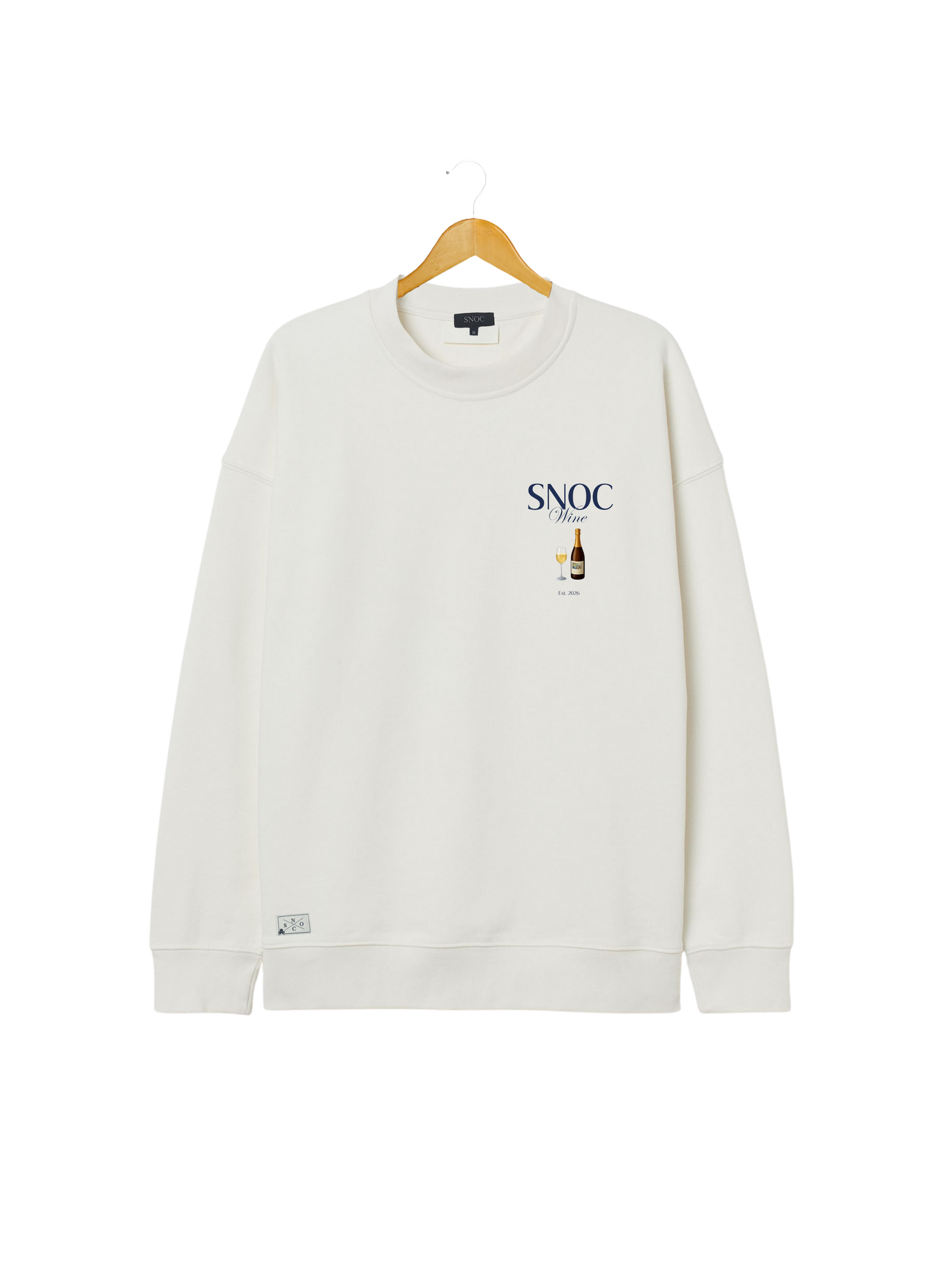 Sudadera de pádel Old Wine SNOC blanca, vista frontal con el sello SNOC Wine en el pecho, fondo transparente