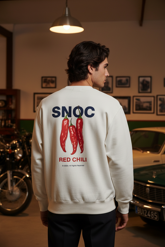 Sudadera Red Chili de SNOC en blanco vista por la espalda con las tres guindillas rojas estampadas, en un garaje