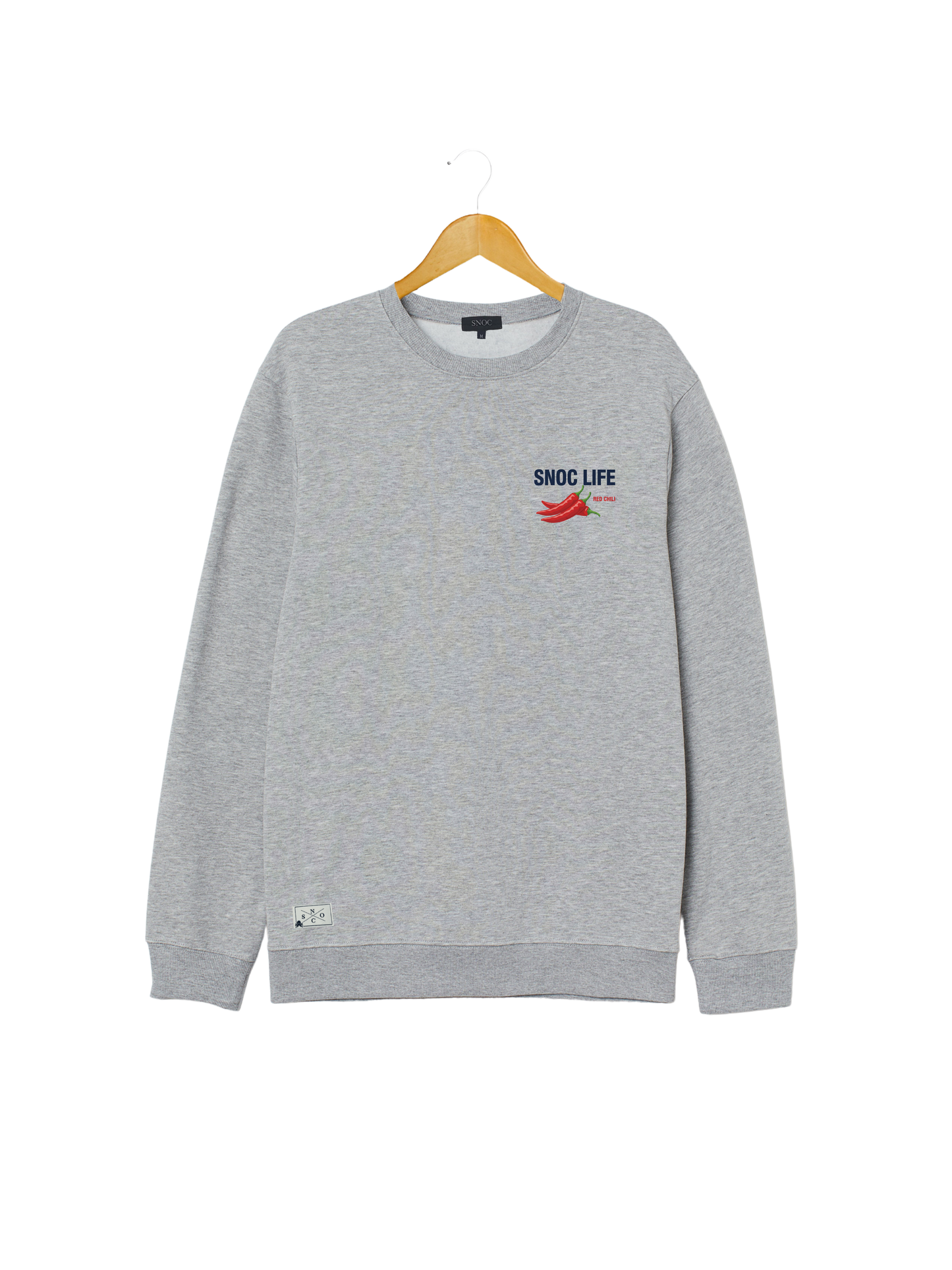 Sudadera Red Chili SNOC gris claro, vista frontal con el sello SNOC Life en el pecho, fondo transparente