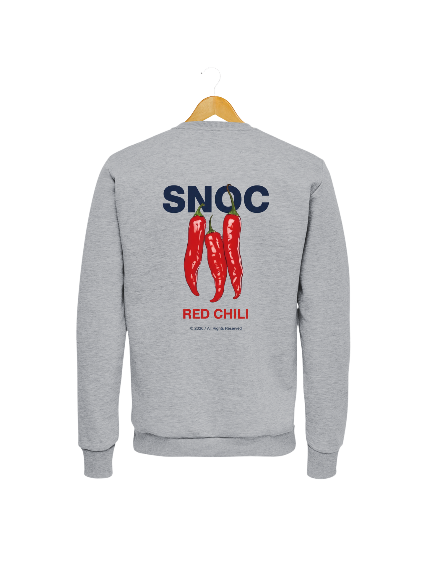Sudadera Red Chili SNOC gris claro, vista trasera con las tres guindillas rojas, fondo transparente