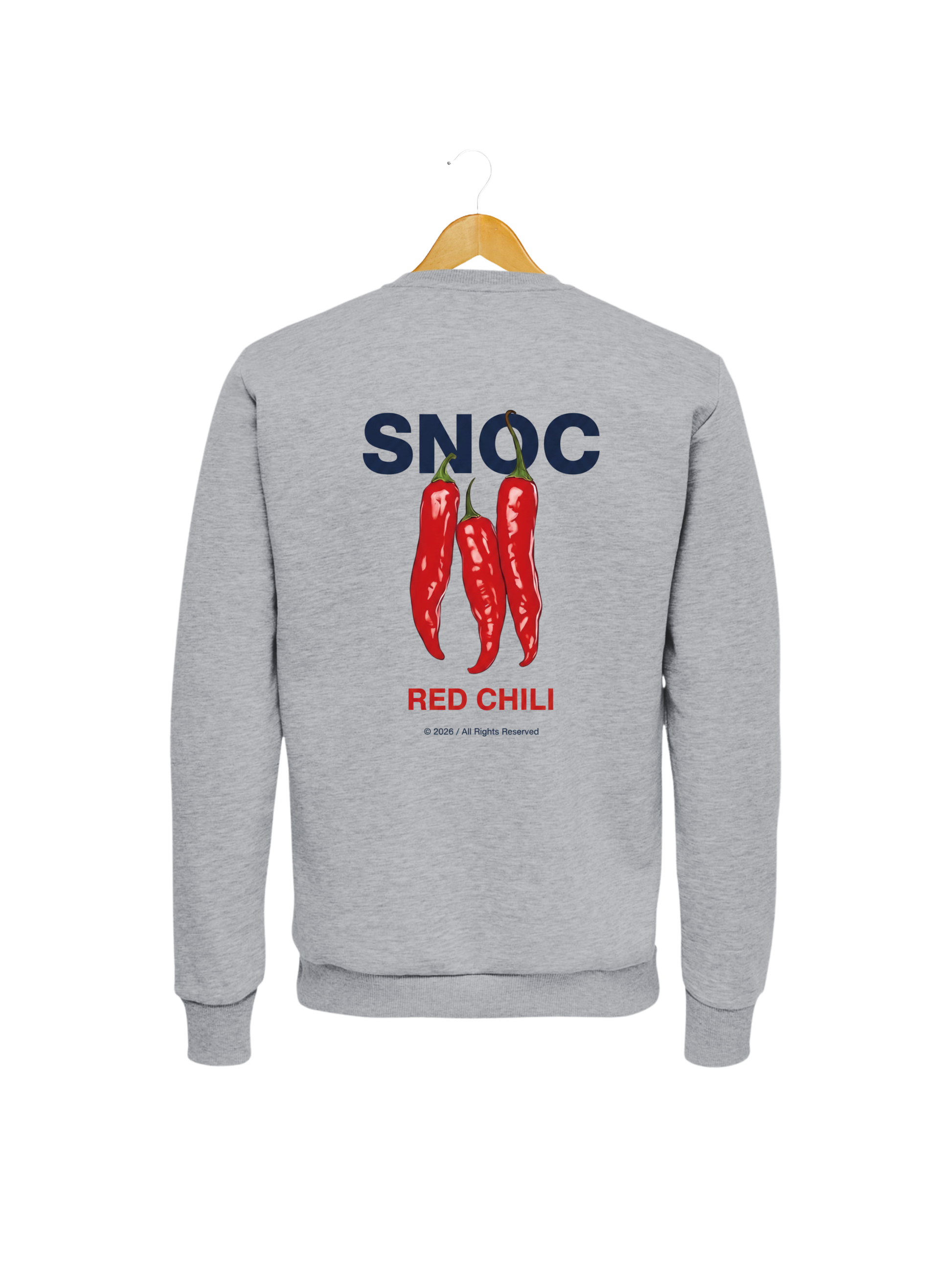 Sudadera Red Chili SNOC gris claro, vista trasera con las tres guindillas rojas, fondo transparente