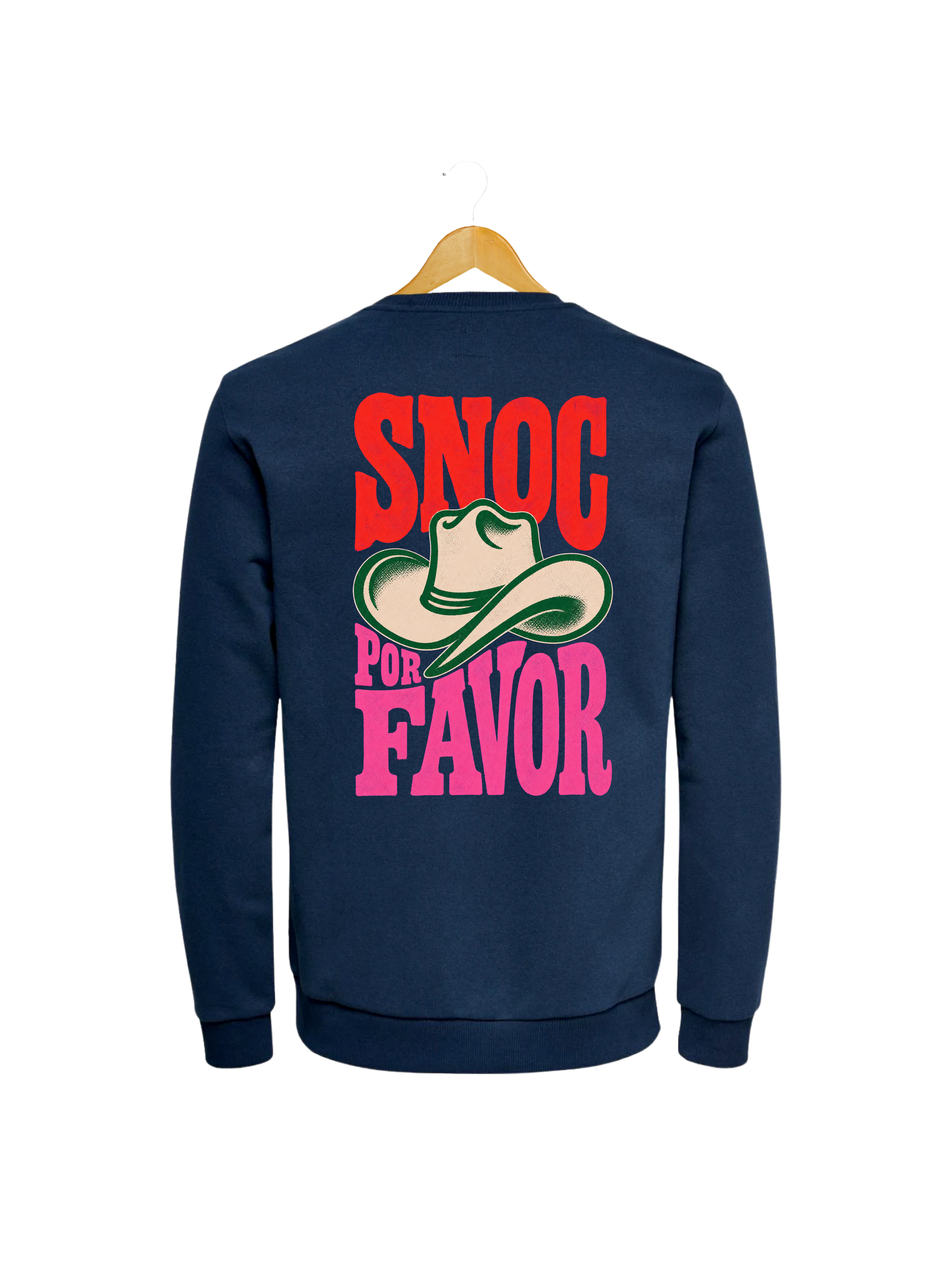 Sudadera SNOC Por Favor azul marino, vista trasera con el sombrero vaquero, fondo transparente