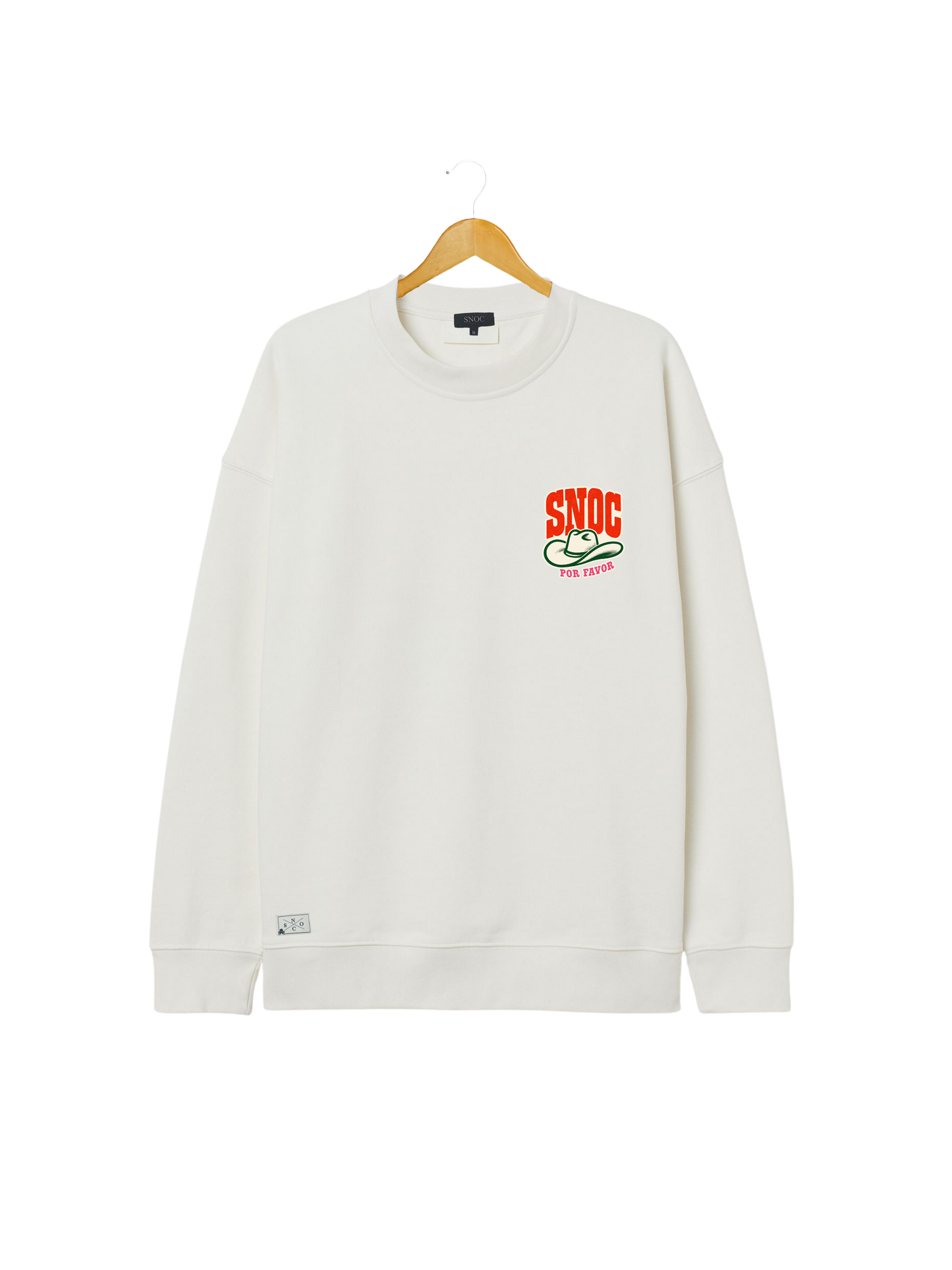 Sudadera SNOC Por Favor blanca, vista frontal, fondo transparente