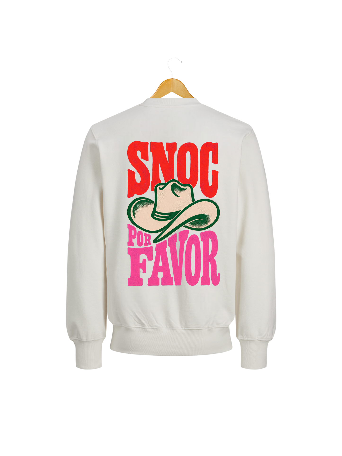 Sudadera SNOC Por Favor blanca, vista trasera con el sombrero vaquero, fondo transparente