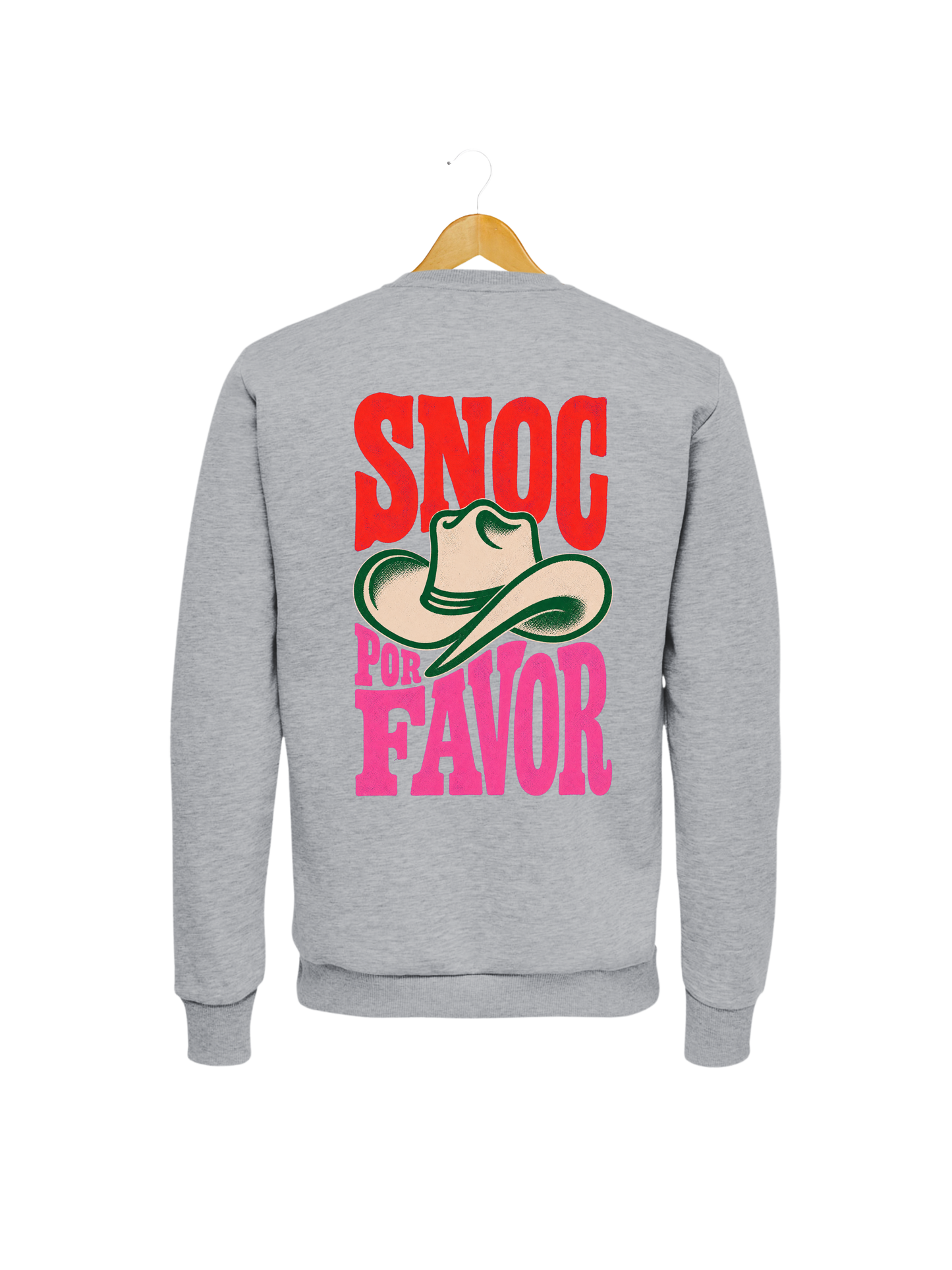 Sudadera SNOC Por Favor gris claro, vista trasera con el sombrero vaquero, fondo transparente