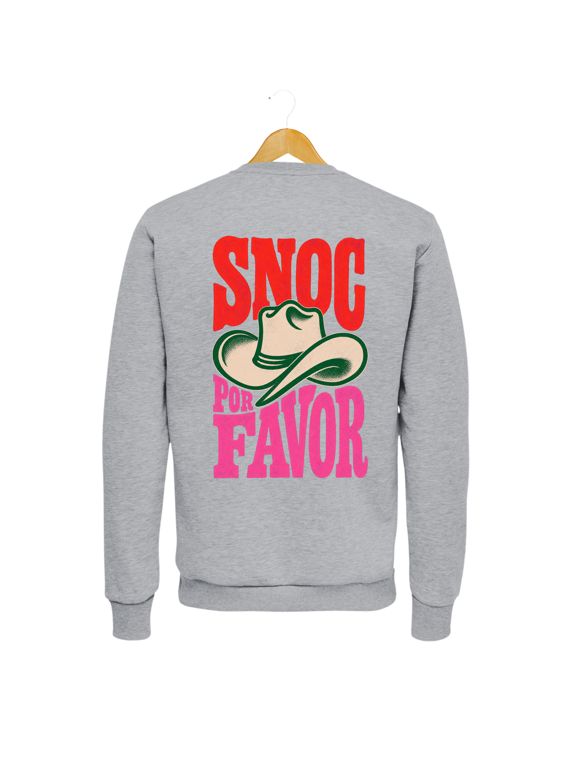 Sudadera SNOC Por Favor gris claro, vista trasera con el sombrero vaquero, fondo transparente