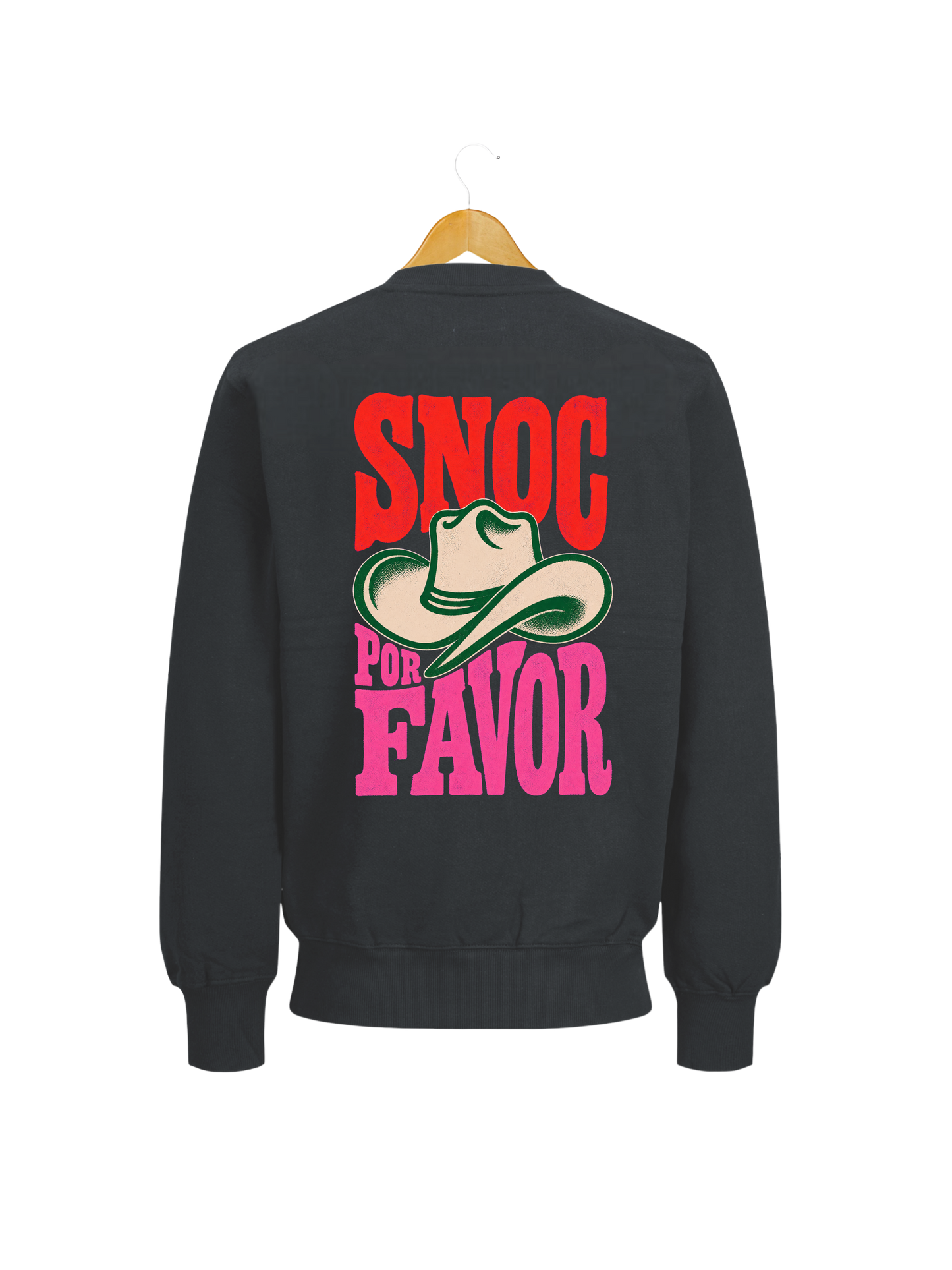 Sudadera SNOC Por Favor gris oscuro, vista trasera con el sombrero vaquero, fondo transparente