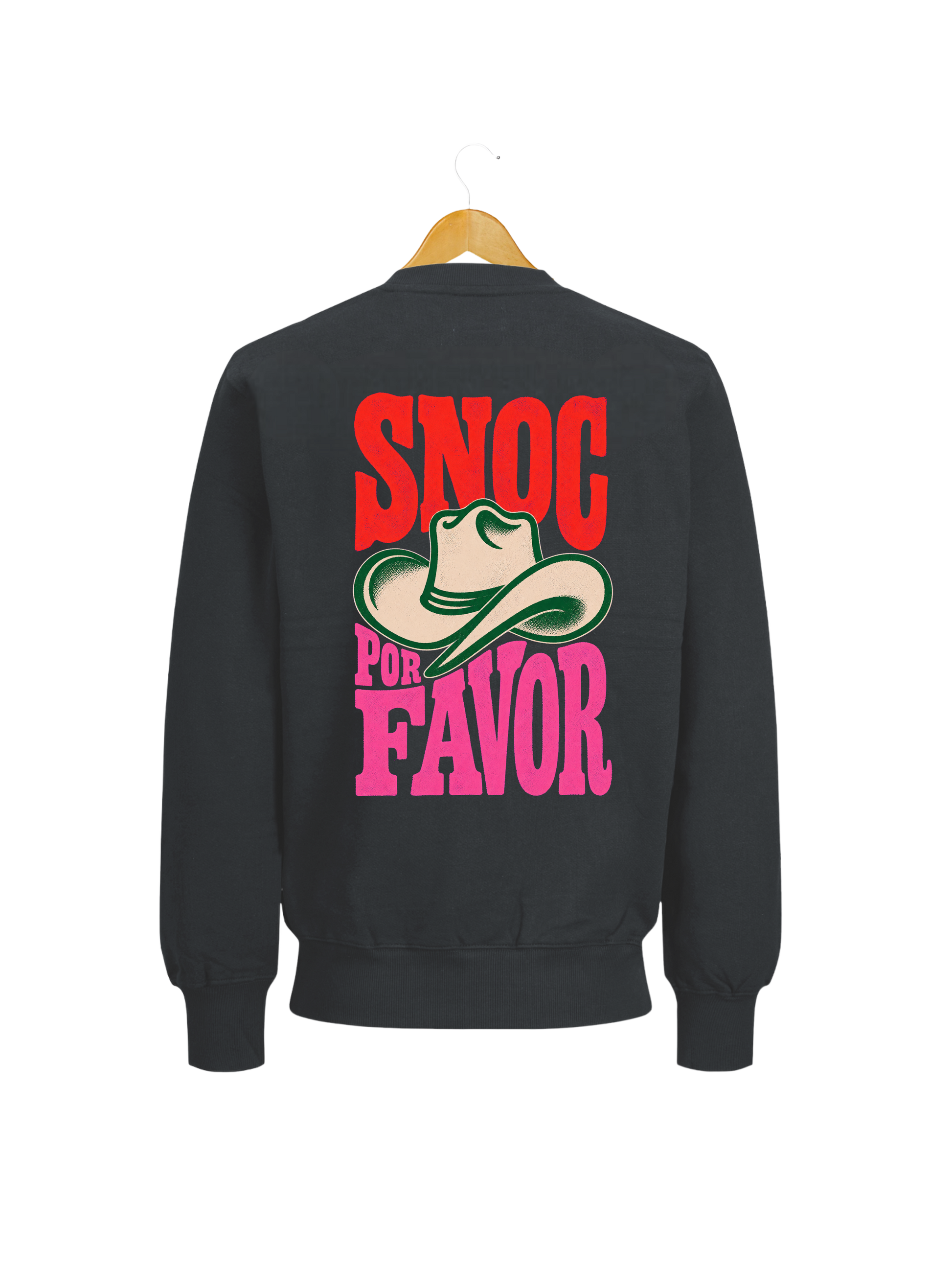 Sudadera SNOC Por Favor gris oscuro, vista trasera con el sombrero vaquero, fondo transparente