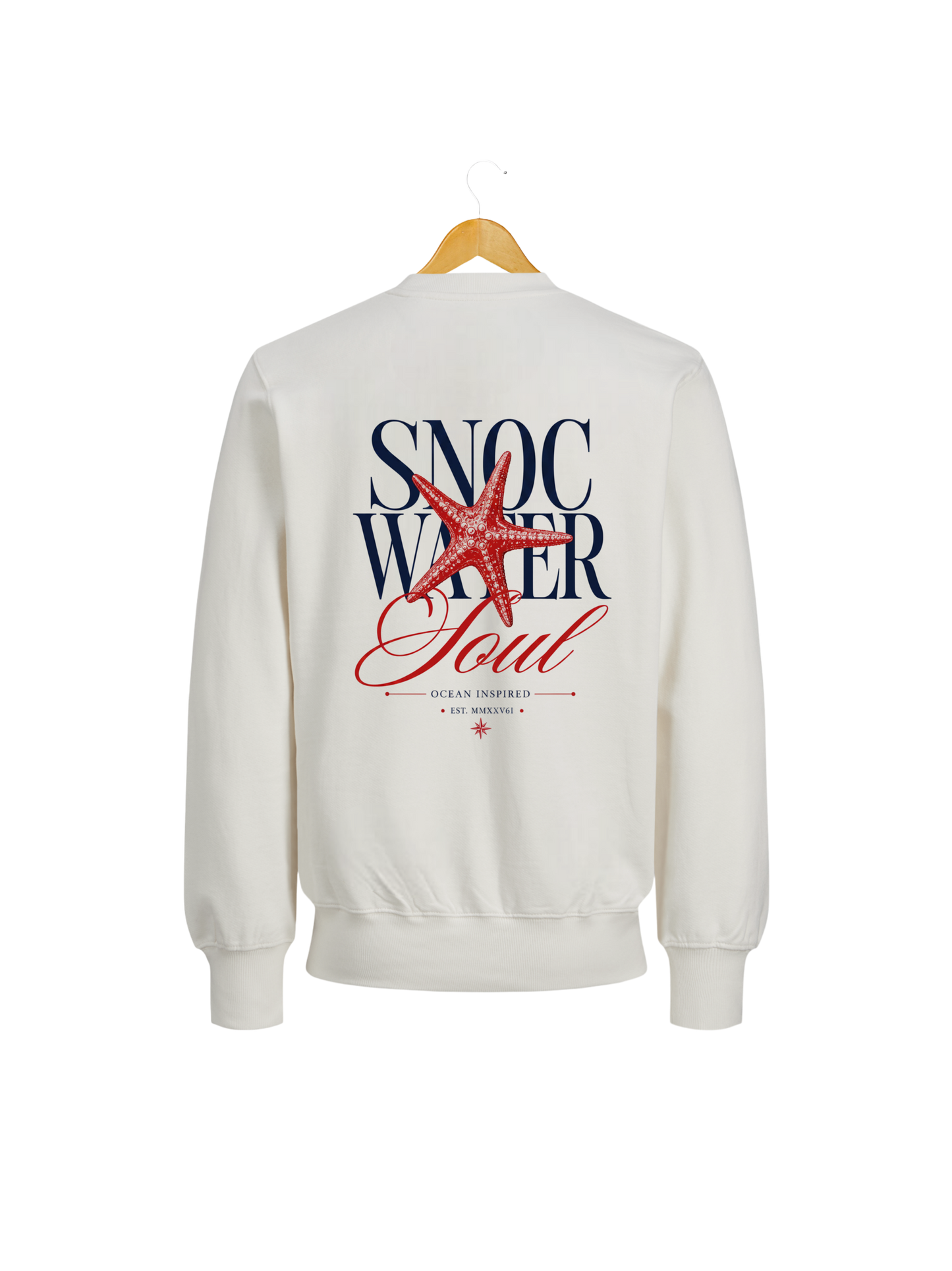 Sudadera SNOC Soul color Blanco, vista trasera con el diseño Water Soul, fondo transparente