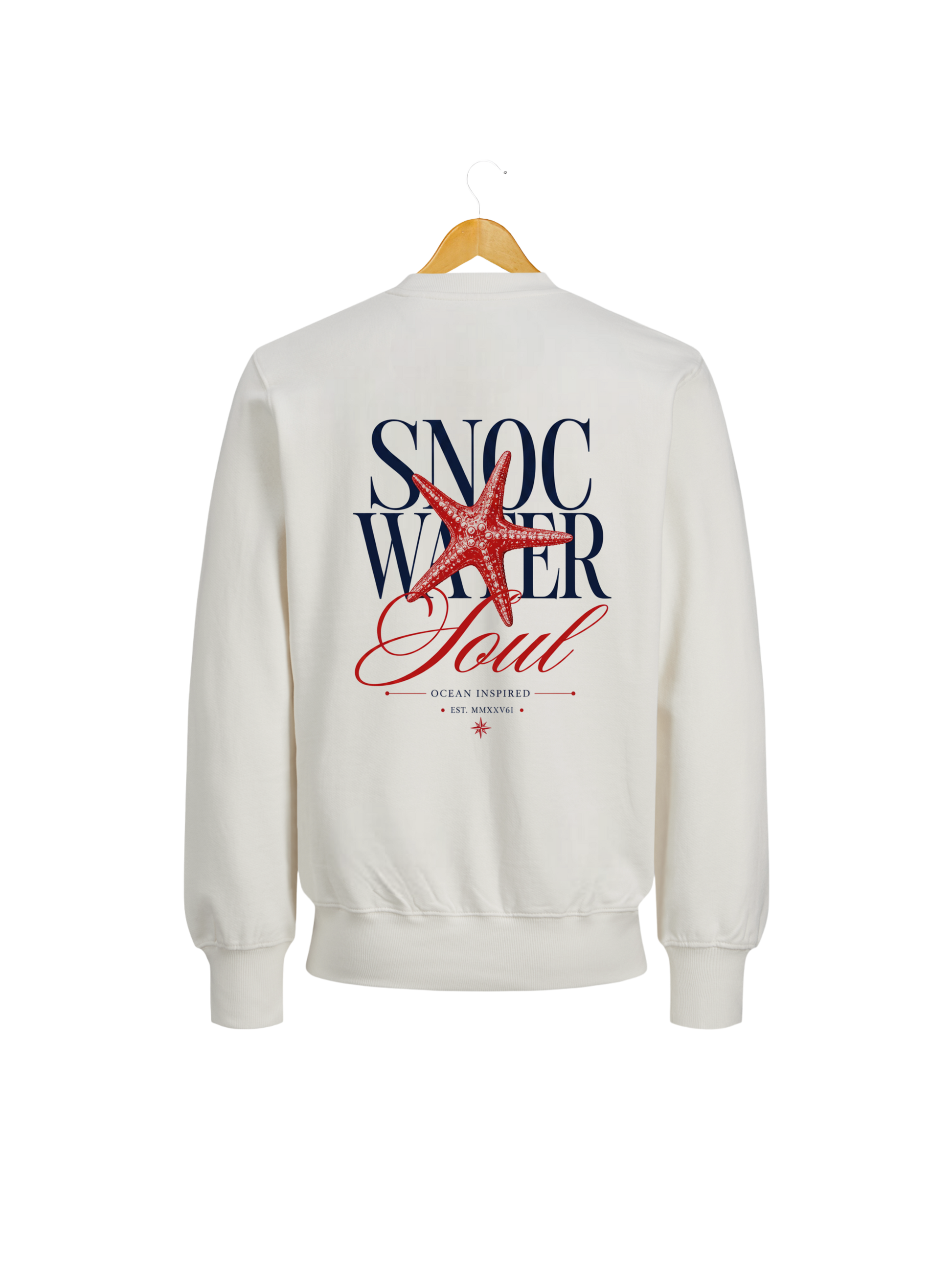 Sudadera SNOC Soul color Blanco, vista trasera con el diseño Water Soul, fondo transparente