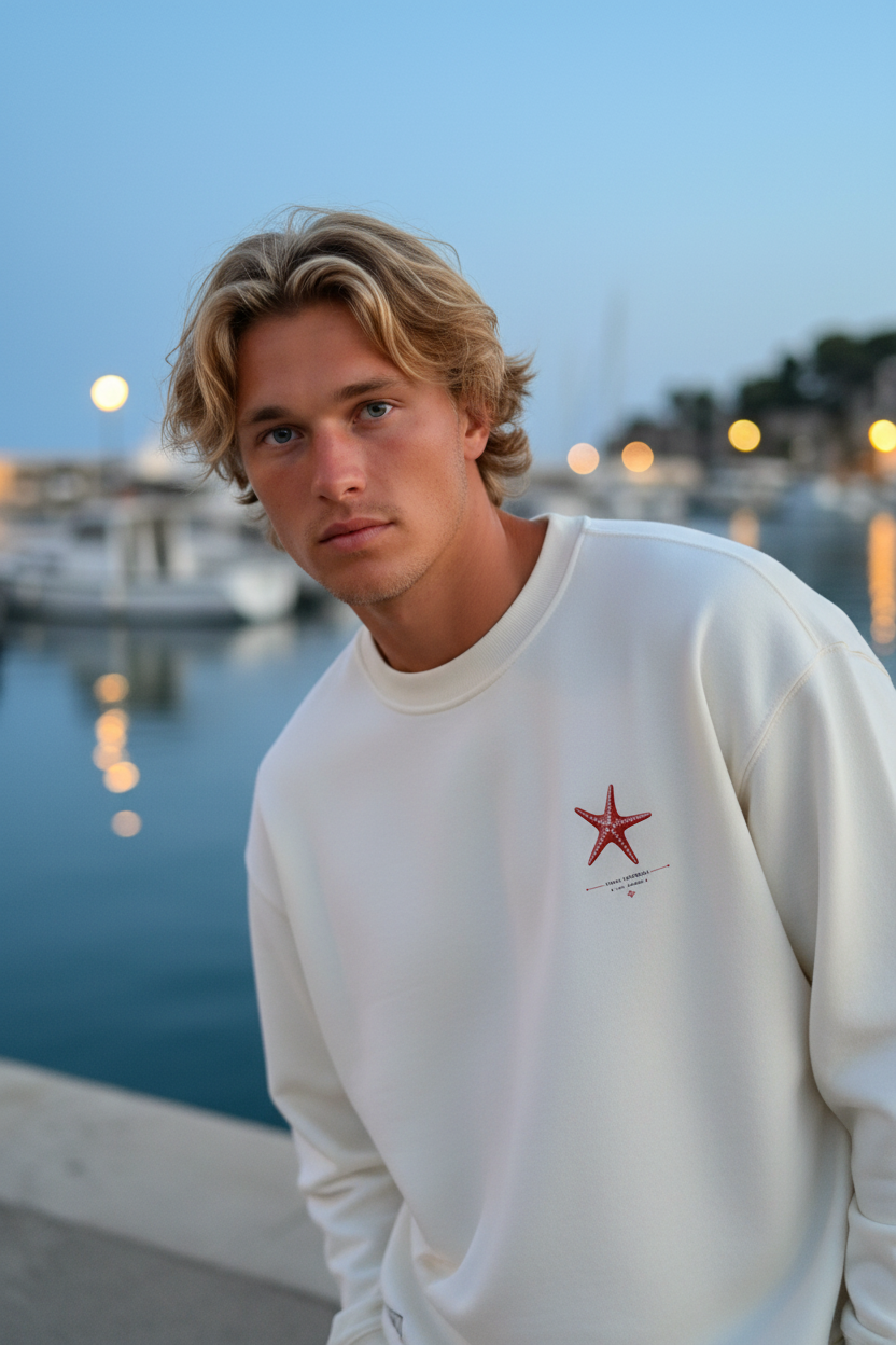 Sudadera SNOC Soul color Blanco, foto lifestyle close-up en puerto