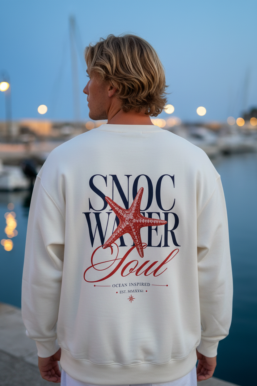 Sudadera SNOC Soul color Blanco, foto lifestyle close-up en puerto, vista trasera con el diseño Water Soul