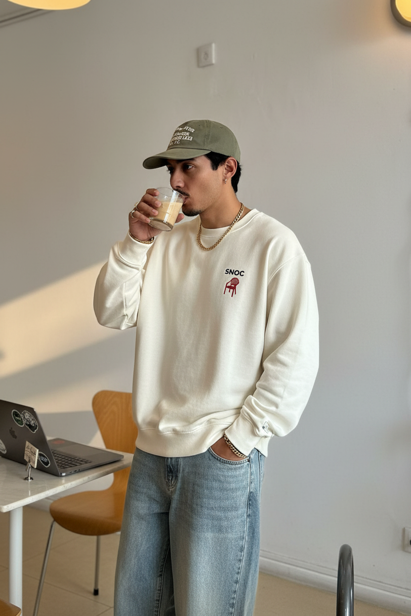 Sudadera Take a Seat de SNOC en blanco con la silla roja estampada en el pecho, llevada en el interior de un café